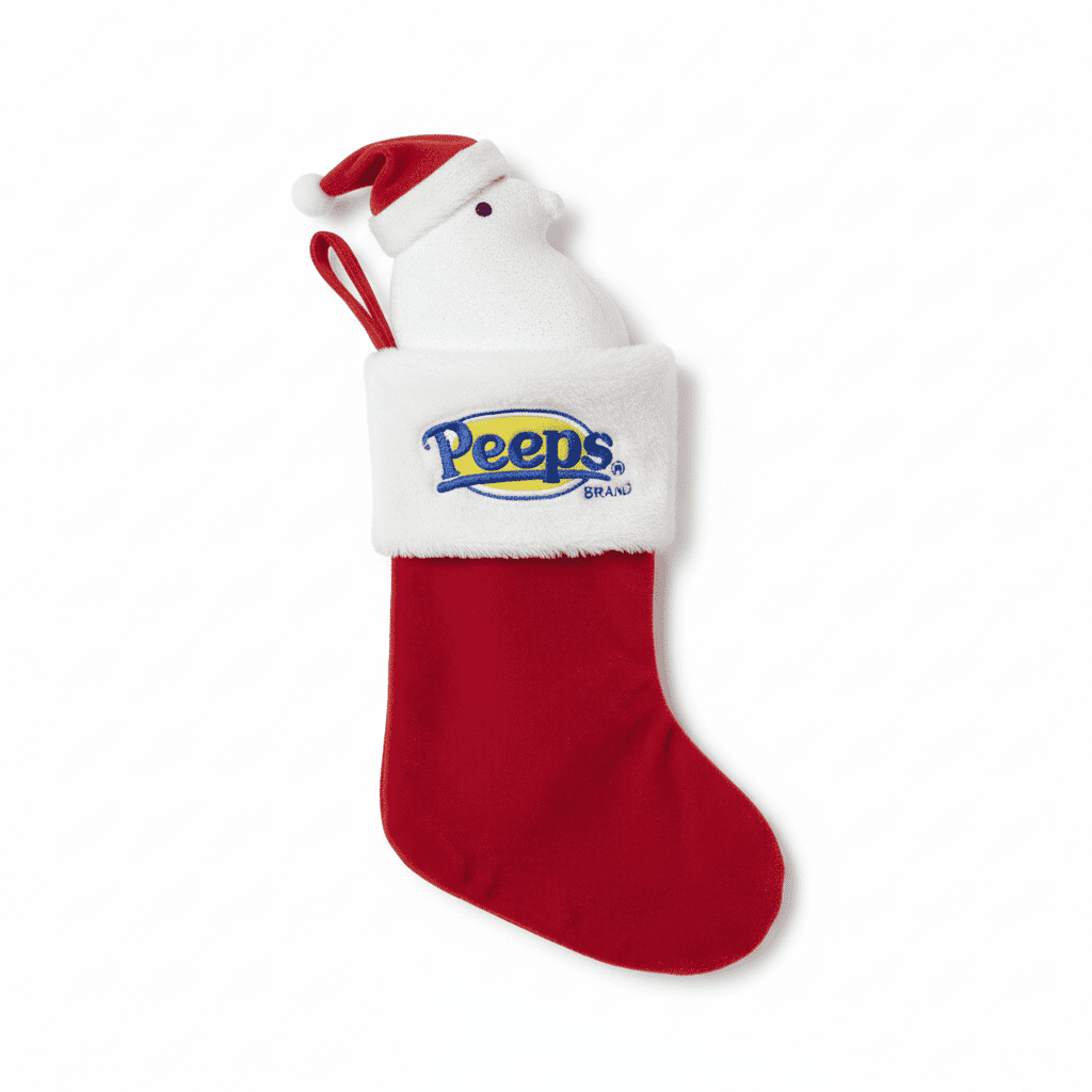 Peeps Santa Chick Stocking with embroidered logo, featuring a removable marshmallow-chick in a red Santa hat tucked inside the stocking.