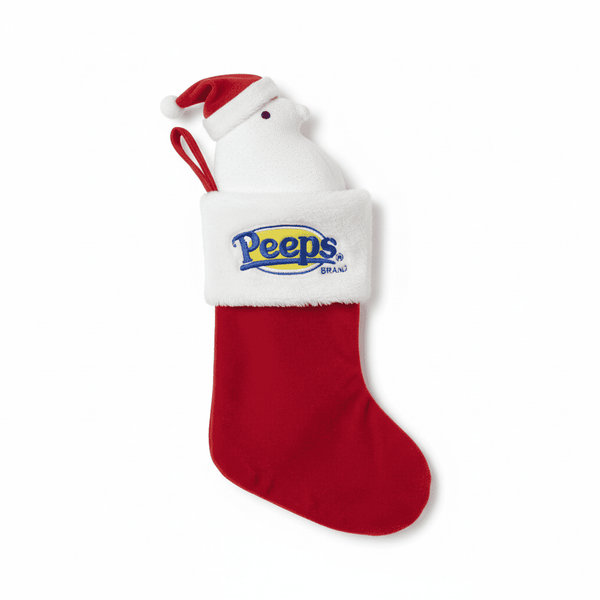 Peeps Santa Chick Stocking with embroidered logo, featuring a removable marshmallow-chick in a red Santa hat tucked inside the stocking.