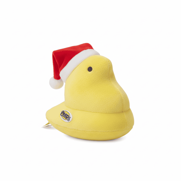 Peeps Yellow Santa Chick - 5, a plush toy with a red Santa hat and embedded emblem, perfect for festive gifting.