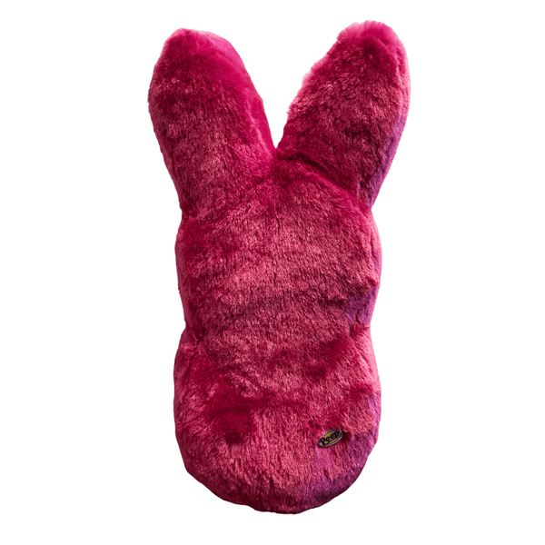 Peeps Plush Shaggy Bunny - 16 Fuchsia, a furry rabbit-shaped cushion with long ears and an embedded plastic emblem, perfect for personalized gifting.