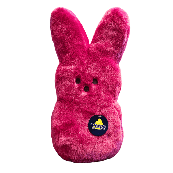 Peeps Plush Shaggy Bunny - 16 Fuchsia: Bright pink bunny-shaped plush with embroidered features and Peeps logo tag, ideal for custom gifting from Celebratopia.