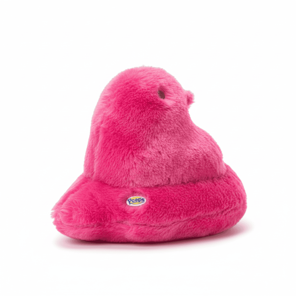 Peeps Plush Shaggy Chick - 11 Pink: Large, fuzzy pink plush resembling a Peeps marshmallow chick, featuring a Peeps label and hard plastic emblem.