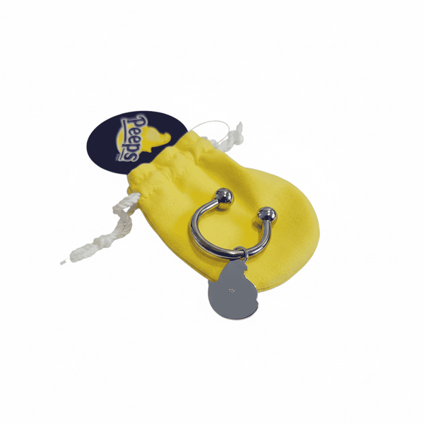 Peeps Sterling Silver Chick Key Ring with unscrewable ball ends, displayed on a branded pouch, ideal for custom gifts by Celebratopia.