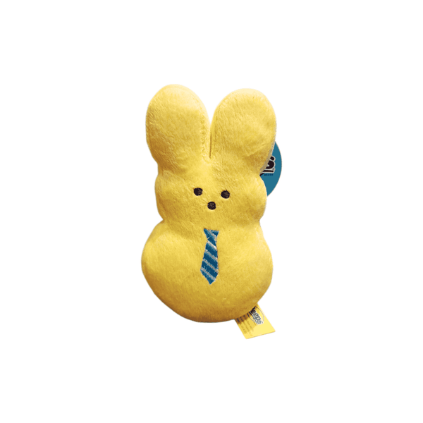 Peeps Yellow Bunny 5-1/2 Squeaky Dog Toy, featuring a yellow plush design with black embroidered eyes, nose, and a blue striped tie.