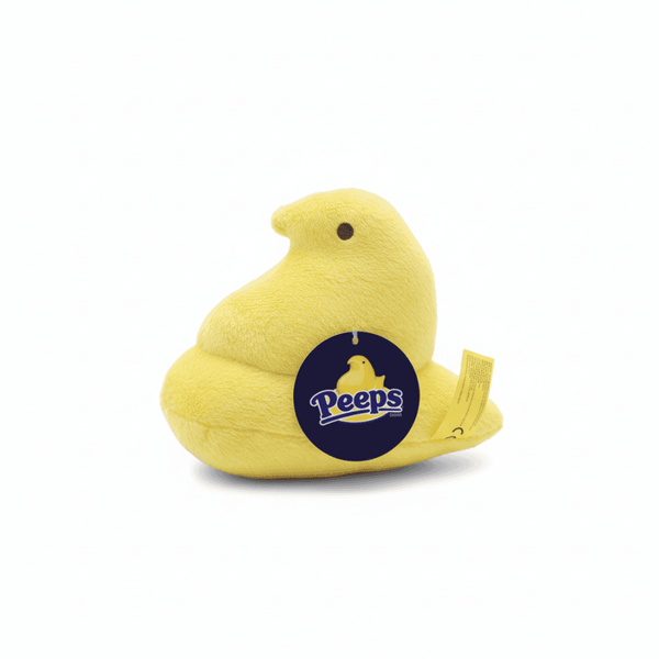 Peeps Plush Chick - 5 Yellow, Blue Tag: Fluffy, chick-shaped toy with black eye, blue Peeps logo tag, and hard plastic emblem.