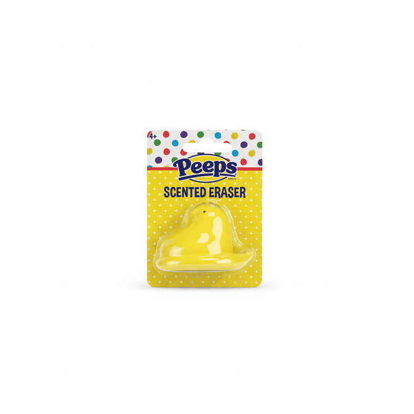 Peeps Yellow Chick Scented Eraser in retail packaging, shaped like a chick, perfect for customized gift baskets from Celebratopia.