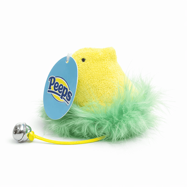 Peeps Yellow Chick Feather Ball Cat Toy with bell, featuring a plush chick in marabou feathers, perfect for playful pets. Official Peeps merchandise, new with tags.
