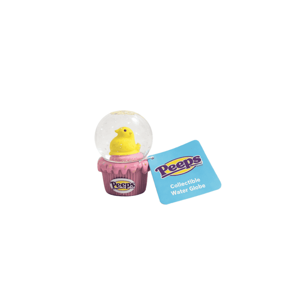 Peeps Yellow Chick Miniature Collectible Water Globe featuring a yellow chick inside, on a pink cupcake base, with bubbles and confetti for decoration.