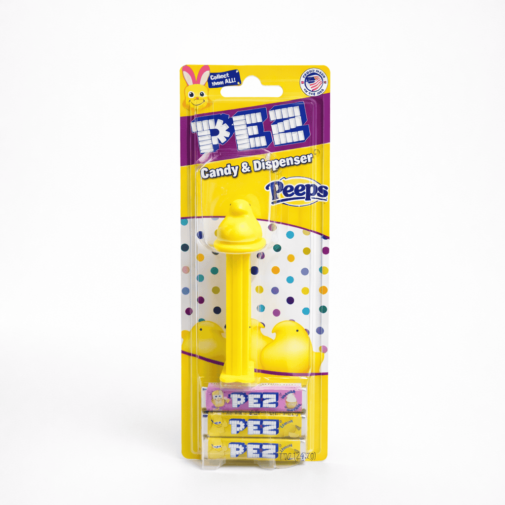 Peeps Chick PEZ Dispenser in a blister pack with chick head design, includes three PEZ candy refills, branded with Peeps logo. Not for consumption.