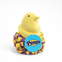 Peeps Yellow Chick Squeaky Fleece Dog Toy, featuring a plush chick on a pom-pom base, complete with a squeaker and official Peeps branding.